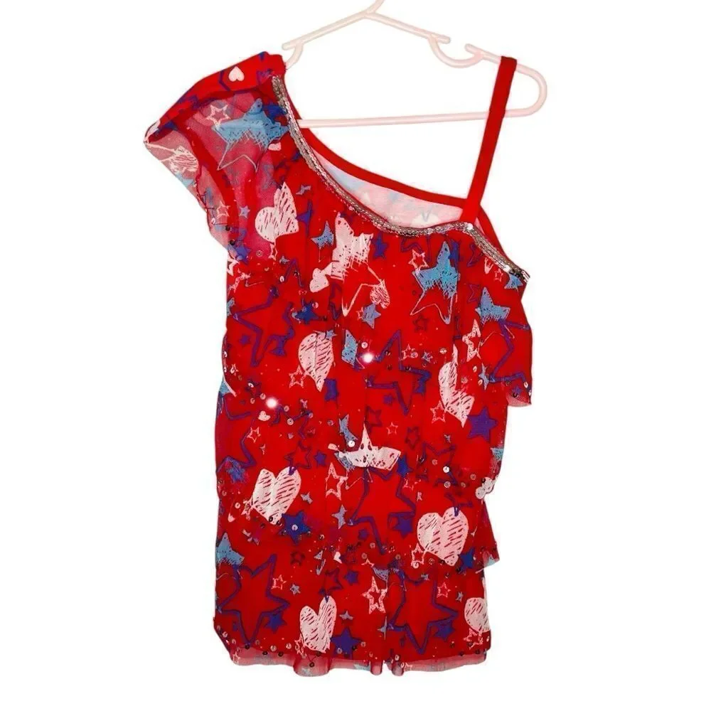 Justice Red Tiered Ruffle Sequin One Shoulder Star Print July 4th Tank Top Red 8